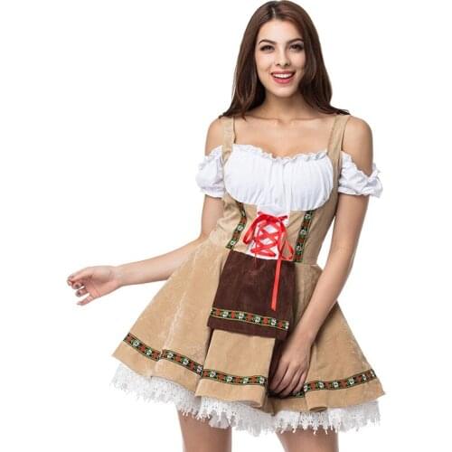 2019 New Sexy Oktoberfest Beer Girl Costume Maid Wench Germany Bavarian Short Sleeve Fancy Dress Dirndl For Adult Women Cosplay