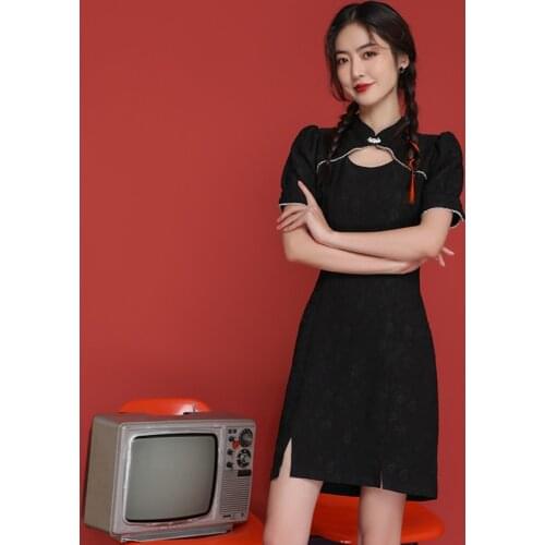 Summer New Literary Girl Retro Jacquard Dark Improved Cheongsam Dress Split Skirt Small Black Skirt