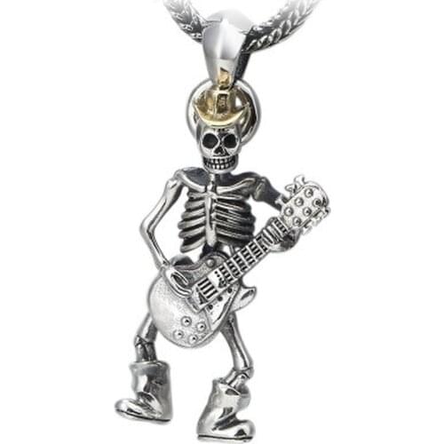925 Sterling Silver Street Culture Punk Rock Skull Guitar Men Women Necklace Pendant Jewelry