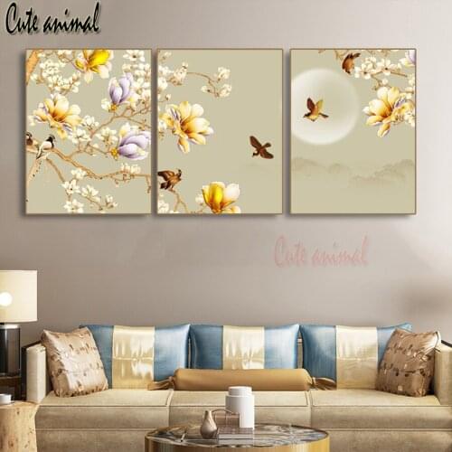 Full Square/Round 5D DIY Diamond Painting Magnolia Flowers Birds Painting Calligraphy Diamond Embroidery Cross Stitch 3 PCS