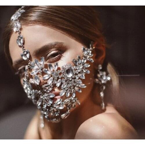 Exaggerated Halloween Crystal Mask Cover Jewelry for Women Handmade Bling Rhinestone Mask Decoration Jewellery