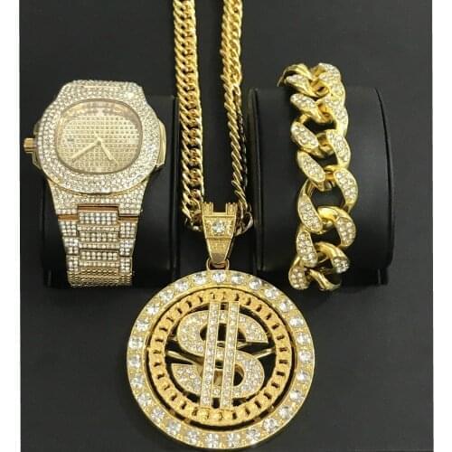 Luxury Men Gold Silver Color Watch & Bracelet & Necklace Combo Hip Hop Dollar Sign Pendant Ice Out Cuban Watch Hip Hop For Men