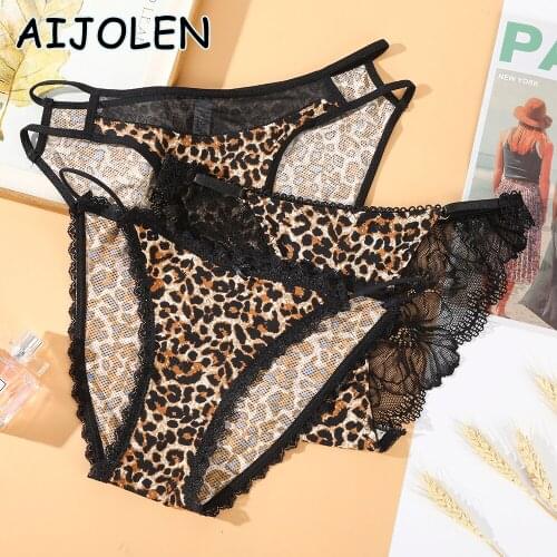 AIJOLEN Sexy Leopard-print Lace Panties Ladies Hollow Thong and G String Ice Silk Large Size Underwear Low-rise Sexy Panties