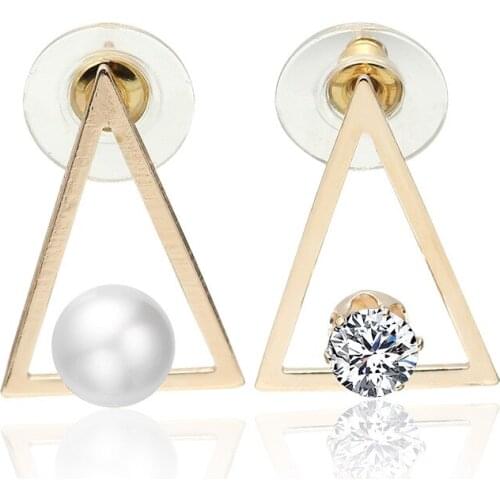 Simulated pearl Earrings Jewelry Silver Gold Color Triangle Cubic Zirconia Rhinestone Women Stud Earrings Crystal Lady Accessory