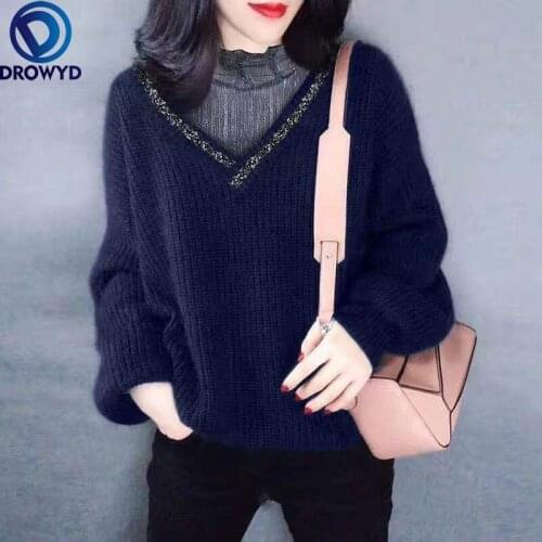 2021 Autumn Winter New O-neck Knitted Bottoming Sweater Loose Fashion Stitching Mesh Sweater Thick Sweater Top Knitted Pullover