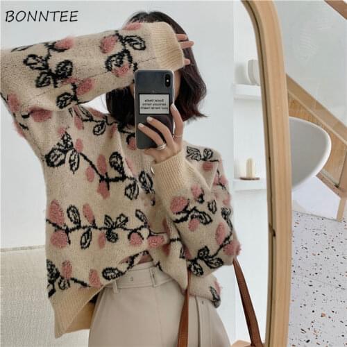 Sweater Women Print Loose Chic Novelty Ulzzang O-Neck Long Sleeve Streetwear Knitted Fashion Leisure All-match Female Pullovers