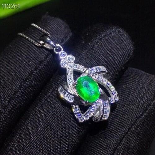 Fine Jewelry 925 Sterling Silver Natural Emerald Girl Luxury Gemstone Pendant Necklace Support Test Chinese Style