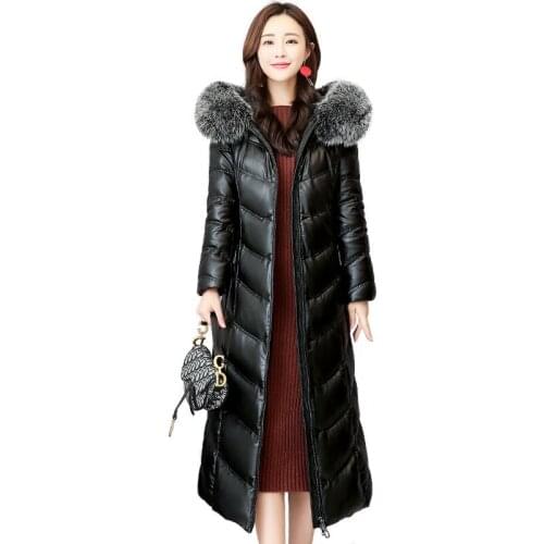 2019 Winter Real Fox Fur Collar Fashion Black Genuine Leather Jackets Women Sheepskin Coats Plus Size Down Jacket Outerwear M385