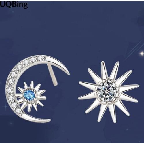 Asymmetric Moon Sun Stud Earrings Minimalist 925 Sterling Silver Crystal CZ Zircon Engagement Earrings for Women Jewelry Party