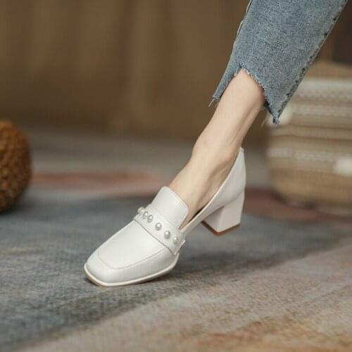 QZYERAI 2021 New Square Toe Shoes Square High Heels Genuine Leather Women Pumps Elegant Office Lady Work Female Single Shoes