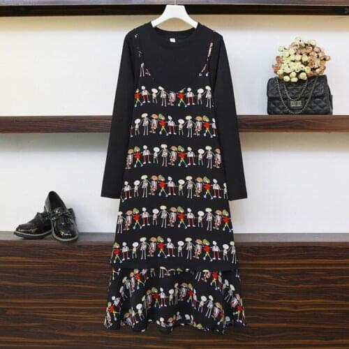 5XL Plus Size Women Cartoon Print Chiffon Dress Autumn 2021 Cotton Long Sleeve Tshirt Patchwork Fake Two Piece Ruffle Dresses