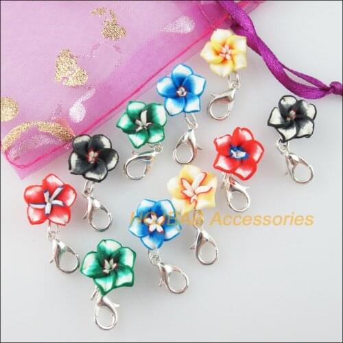 10 New Flower With Clasps Charms Silver Plated Clay Mixed