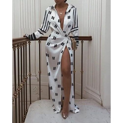 2021 Summer Streetwear Turn Down Collar Print Long Sleeve Twisted Design High Split White Maxi Shirt Dress Elegant Pary Robes