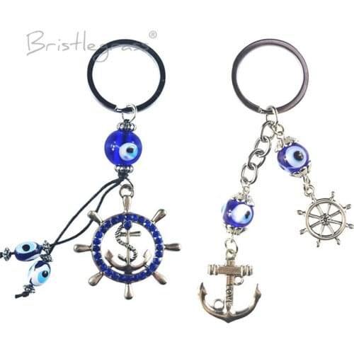 BRISTLEGRASS Turkish Blue Evil Eye Rudder Anchor Keychain Key Chain Ring Holder Amulet Hanging Pendant Lucky Charm Blessing Gift