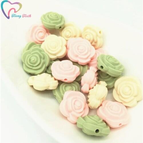 9PCS Sage Green Combo Rose Flower Silicone Teething Beads Food Grade DIY Chewable Jewelry Necklace Bracelet Accessories BPA Free