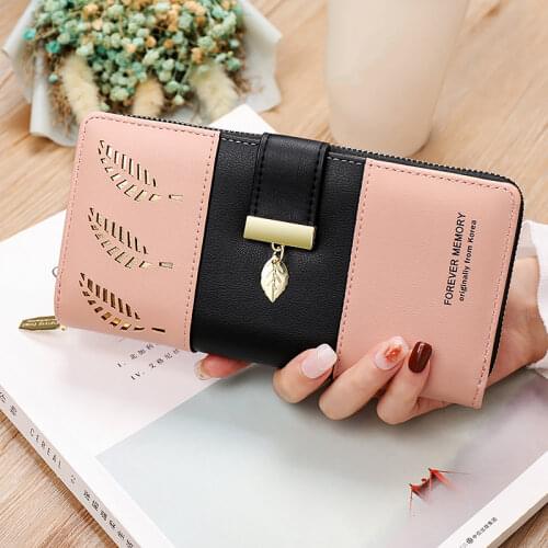 Long Womens Hollow Leaves Wallet Female Splicing Zipper Money Pouch Leaf Pendant PU Leather Coin Purse Card Holders Clutch Bag