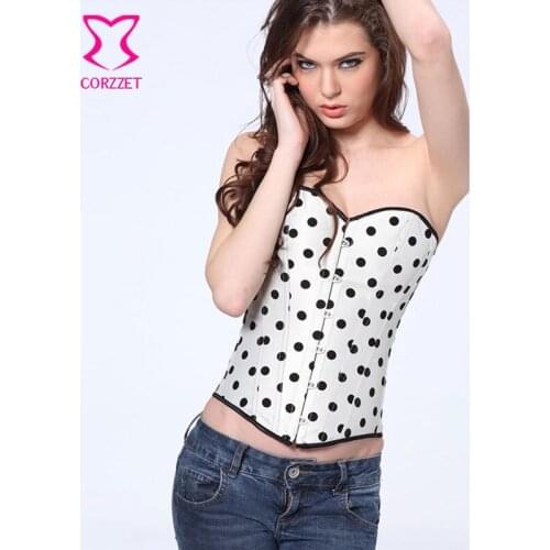 Gothic Cute White Polka Dot Flocking Overbust Corset Vintage Burlesque Sexy Bustier Top Fashion Womens Waist Corselet Corpete