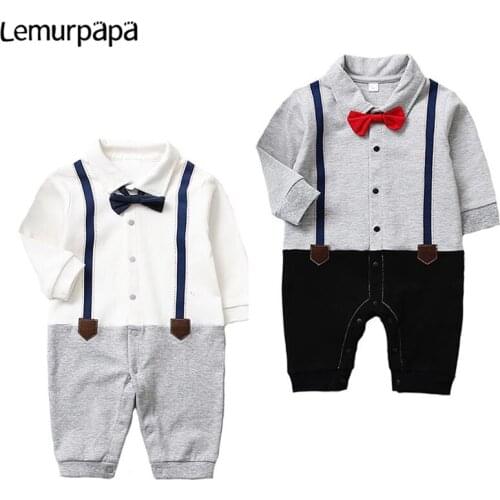 Newborn Baby Boy Clothes Gentleman Jumpsuit Long Sleeve Cotton Infant Onesie Fashion Bow Tie Birthday Party Boys One-Piece Suits