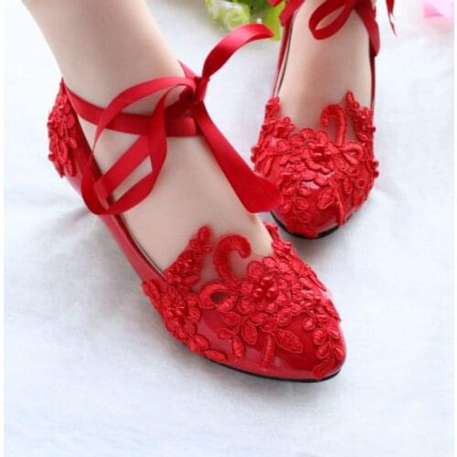 3CM red lace wedding party shoes for woman with long satin NQ251 ankle straps girls party dancing dinner proms dress red shoes