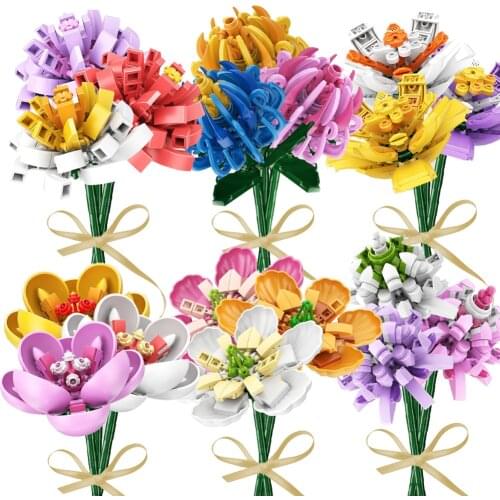 Creator Florist Saffron Camellia Chrysanthemum Hibiscus White Clover Smiling Flower MOC Kits Bricks Model Gift For Girlfriend