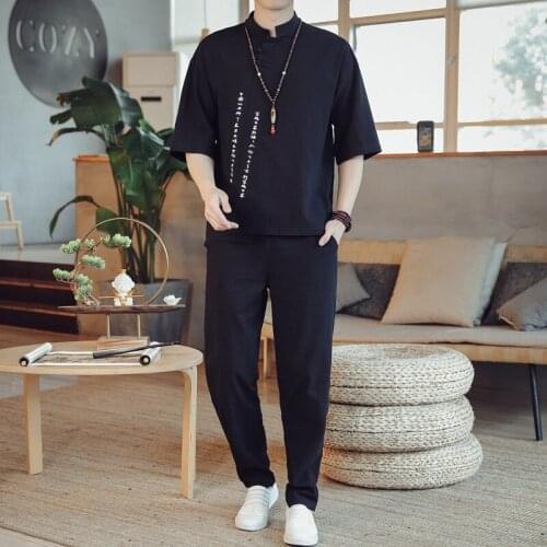 Chinese Style Linen Tang Suit Clothes Men Traditional Clothing Kung Fu Taichi Costume Casual Streetwear Pants Shirts Set 30096
