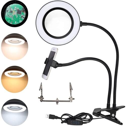 Foldable 72LED Illuminated Magnifier USB 3 Colors LED Magnifying Glass for Soldering Iron Repair/Table Lamp/Skincare Beauty Tool