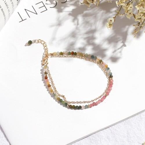 Trendy Multicolor Rainbow Natural Tourmaline Double Layer Bracelets for Women Goold Color Thin Bracelets Fashion Jewelry YBR261