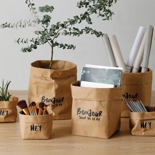 Washable Kraft Paper Bags Plant Flowers Pots Reusable Durable Paper Storage Bags For Food, Fruit, Toys, Laundry