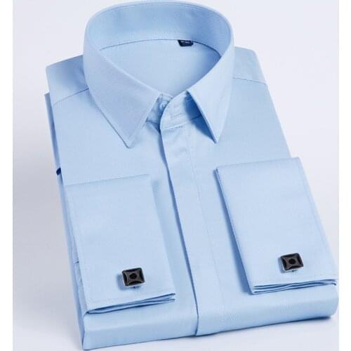 French Cuff Long Sleeve Men Tuxedo Dress Shirt Classic Fit Mens Social Wedding Evening Button Up France Shirts with Cufflinks
