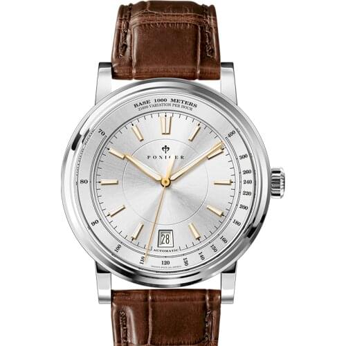 PONIGER Men Business 50M Waterproof Fashion Dress Automatic Self-wind Mechanical Wrist Watches With Calendar - Leather