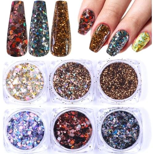 6Boxes Rose Gold Nail Glitter Set Holographic Mirror Hexagon Sequin Flakes for Nails Art Decorations Manicure Dust CH15