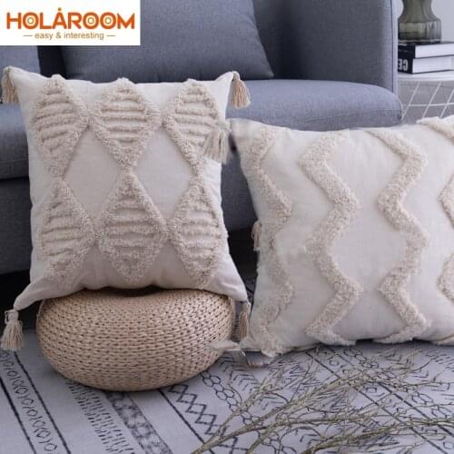 Tassels Cushion Cover 45x45cm Beige Pillow Cover Handmade Geometric Square Home Decoration for Living Room Bed Room Zip Open