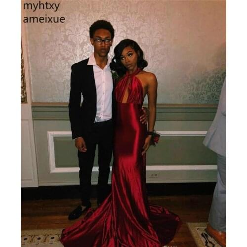 2020 New Cheap Black Girls Long Sexy Red Prom Dress Sleeveless Burgundy Halter Formal Evening Party Gown Plus Size Prom Custom