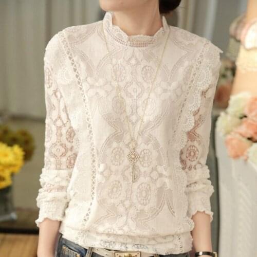 Fall Women White Blouse Long Sleeve Hollow Lace Blouse Shirt Tops Blouse Women Blusas Mujer De Moda 2021 Blouses Top Femme C220