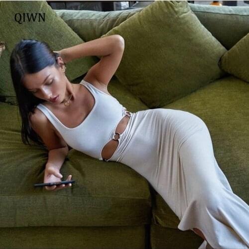 Sexy Cut Out Tank Dress for Womens Solid Fashion Outfits Summer Club Party Long Maxi Dresses Split Robe Vestidos