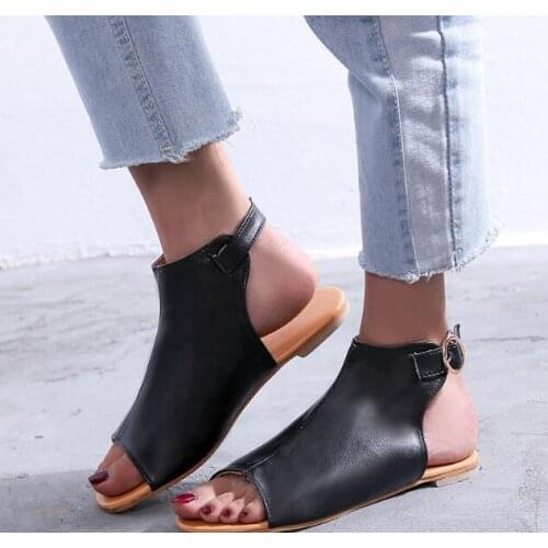 New Women Summer Sandals All-match Roman shoes Comfy PU Shopping Flat Sole Sandal For Women Shoes Fish mouth Sandalias