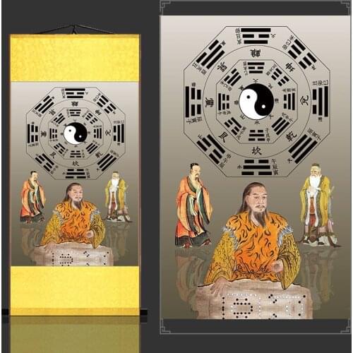 Fu Xi King Wen of Zhou Confucius Silk hanging pictures, Three saints in ancient times Eight trigrams in the book of chang