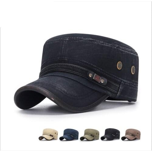 Four seasons general washing old flat top hat leather edge retro faded military hat mens and womens bamboo cotton hat