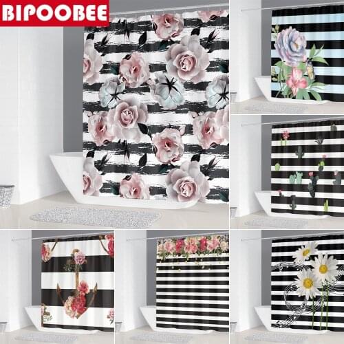 Black and White Stripes Flowers Shower Curtain Waterproof Fabric Rose Flowers Bath Curtains Bathroom Accessories Home Decor