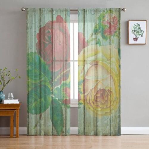 Flower Plant Rose Wood Grain Retro Tulle Curtain Voile Transparent Tulle for Bedroom Living Room Kitchen Sheer Window Curtains