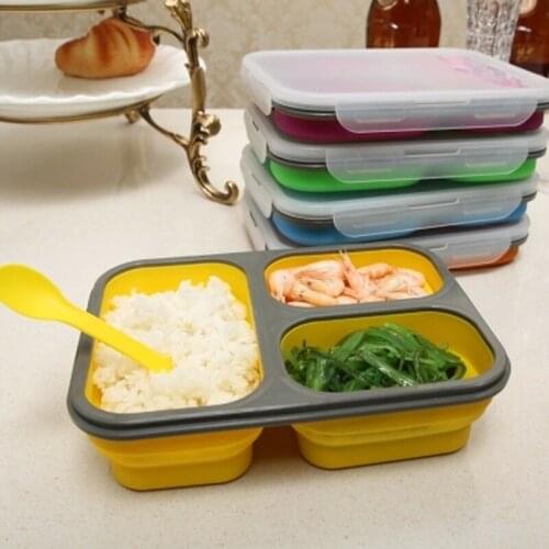 Collapsible Silicone Lunchbox Bento Folding Portable Lunch Box With Fork 3 Grids Microwave Dinnerware Tools travel picnic school
