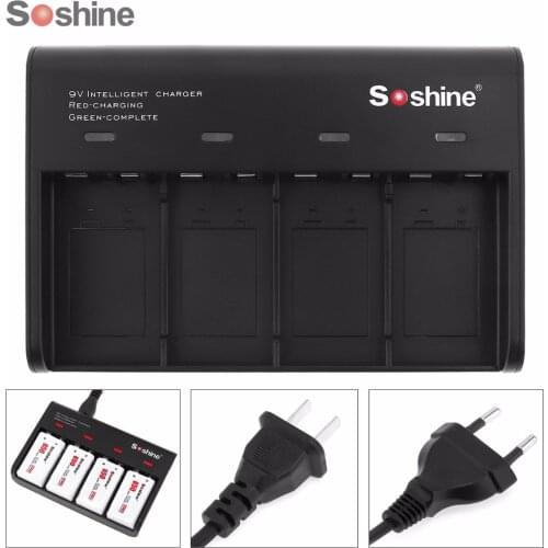 Soshine Black 4 Slots Smart Rechargeable Battery Charger with LED Indicator for 9V Li-ion / Ni-MH/LiFePO4 Rechargeable Batteries