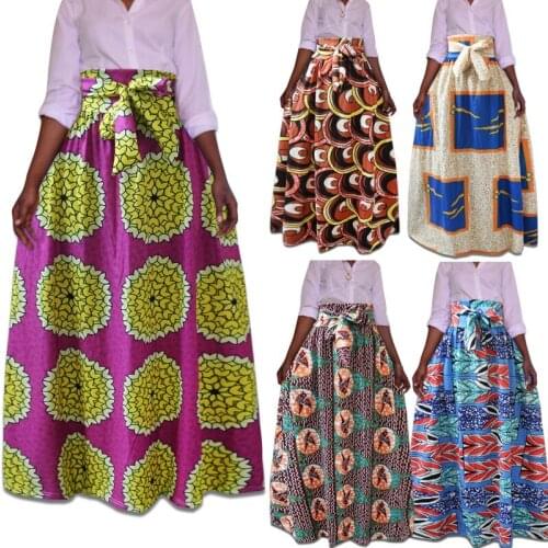 Womens Elastic High Waist African Skirt Print A Line Pleated Skirts Maxi Long Skirt