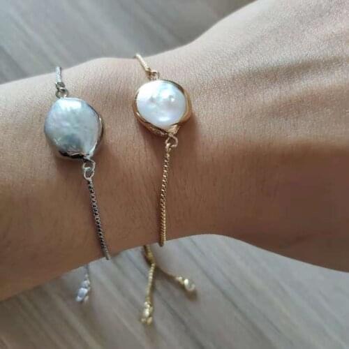 Flat natural freshwater pearl bead gold frame link chain rubber adjustable chic bracelets for women wedding jewelry gift 2020