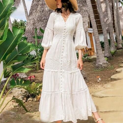 DUISNENA boho dress v-neck white cotton casual women dresses lantern sleeve spring/autumn robe vintage mujer vestidos