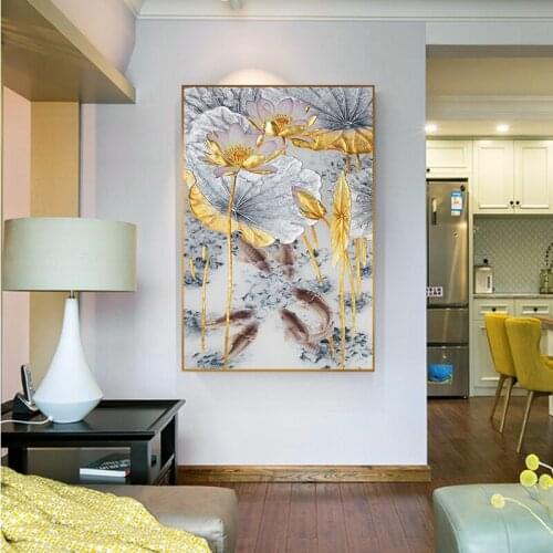 Gold Lotus Fishes Canvas Painting Modern Poster Art New Chinese Style Decor Wall Pictures for Living Room Decor Unframed