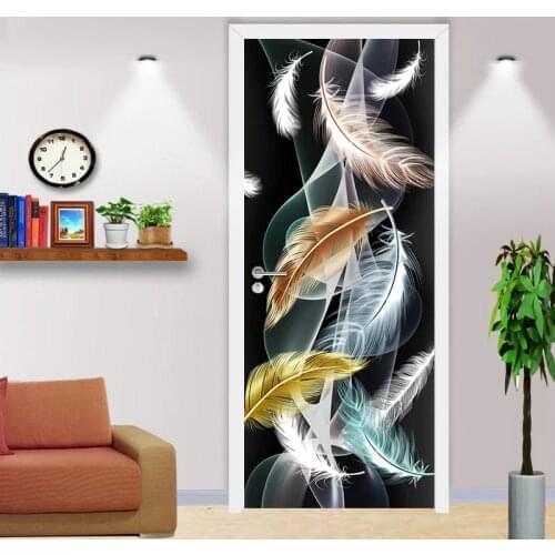 3D Stereoscopic Abstract Smoke Feather Door Sticker Modern Living Room Bedroom Door Decor Wall Mural PVC Self-adhesive Wallpaper