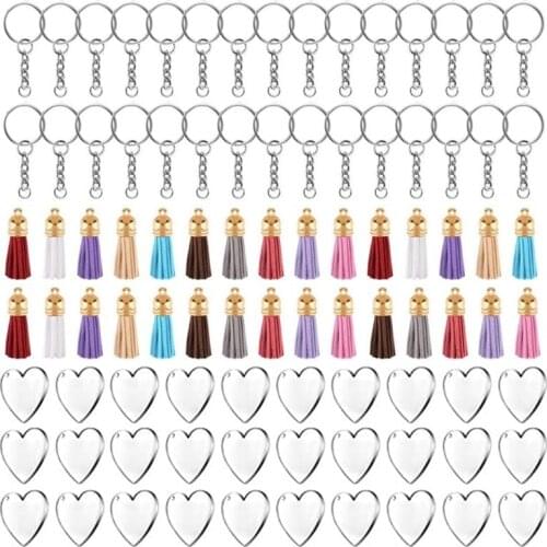 90Pcs Acrylic Discs Clear Heart Keychain Blanks Charms Colourful Tassel Key Rings for DIY Crafts Jewelry Making
