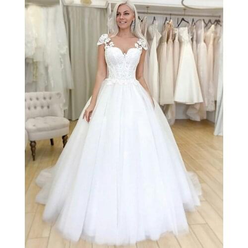 Ball Gown Lace Appliques Wedding Dresses for Bride 2021 Cap Sleeves Wedding Bridal Dress robe de soirée de mariage