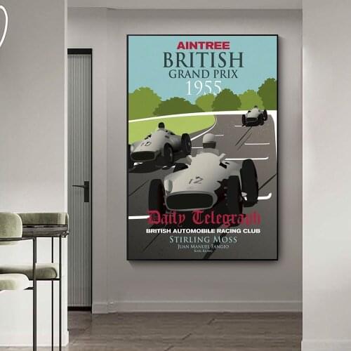British Grand Prix 1955 Car Poster On Canvas Print Nordic Poster Wall Art Picture For Living Noom Home Decoration Frameless